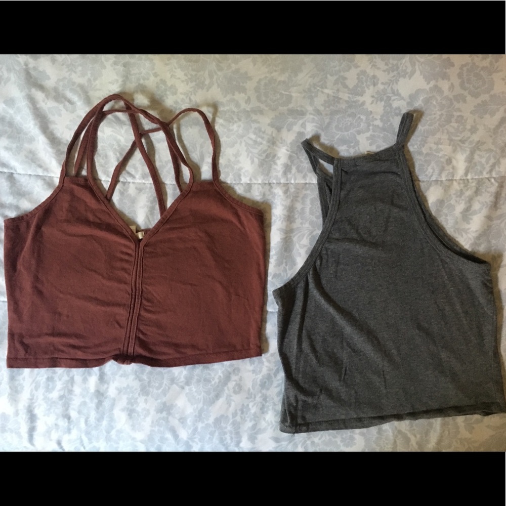 Two simple grey and burgundy tanks